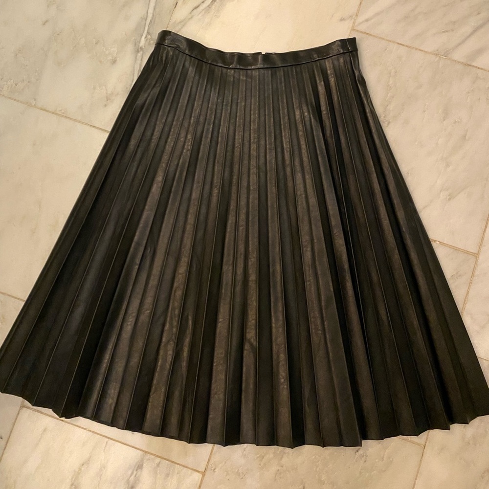 A stunning black faux leather pleated skirt from jcrew.